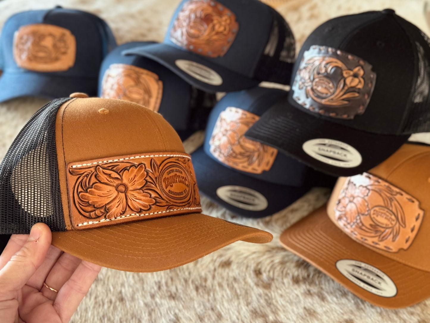 SnapBack- hand carved long patch- Buckskin