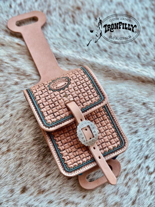 The Sidekick- Rear Cinch Pouch- turquoise/stamped