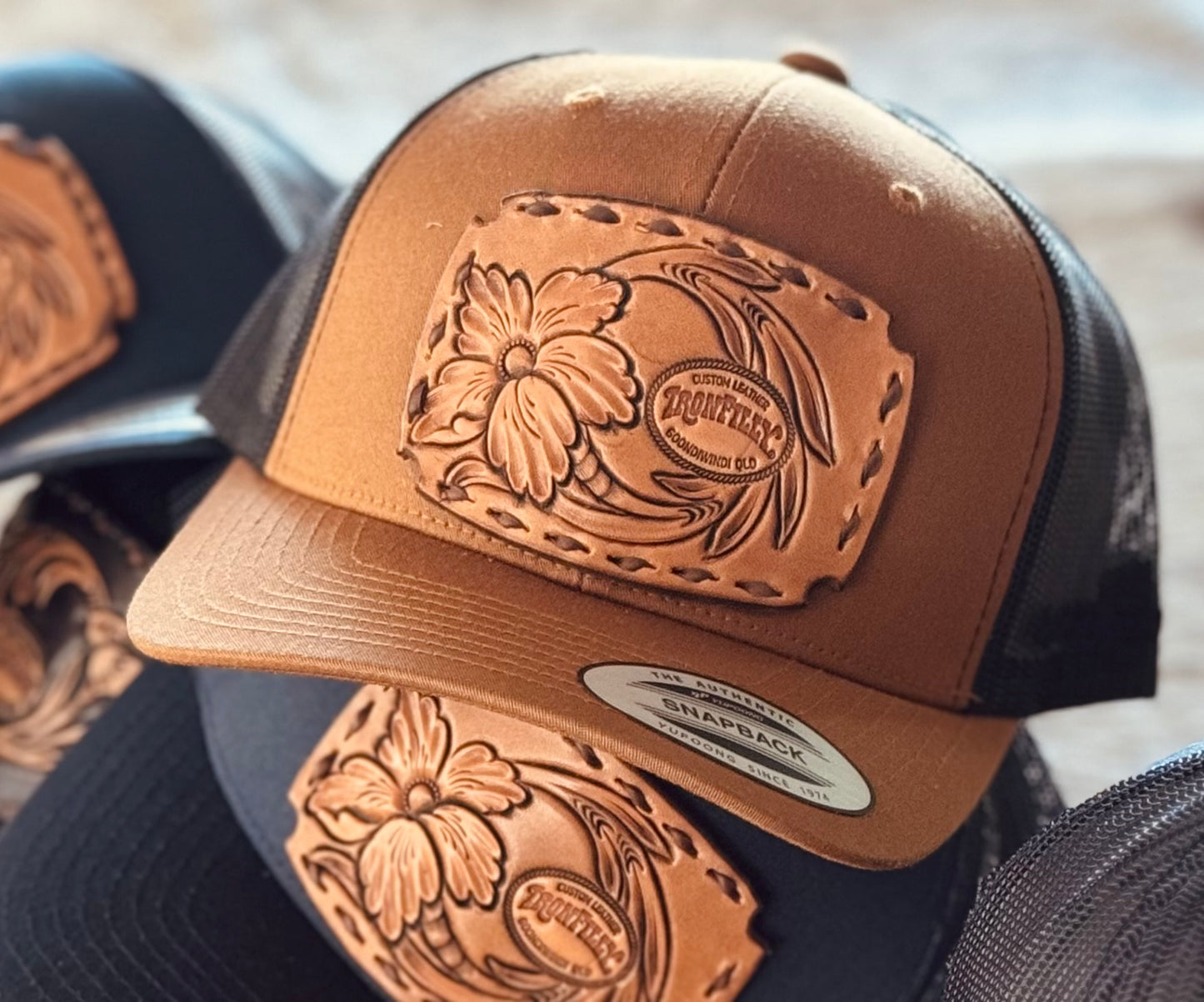 SnapBack- hand carved patch- Buckskin
